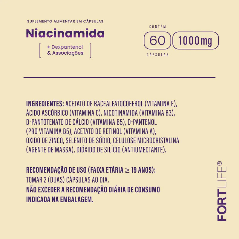 Niacinamida 1000mg 60 Cápsulas Fortlife Sem Sabor