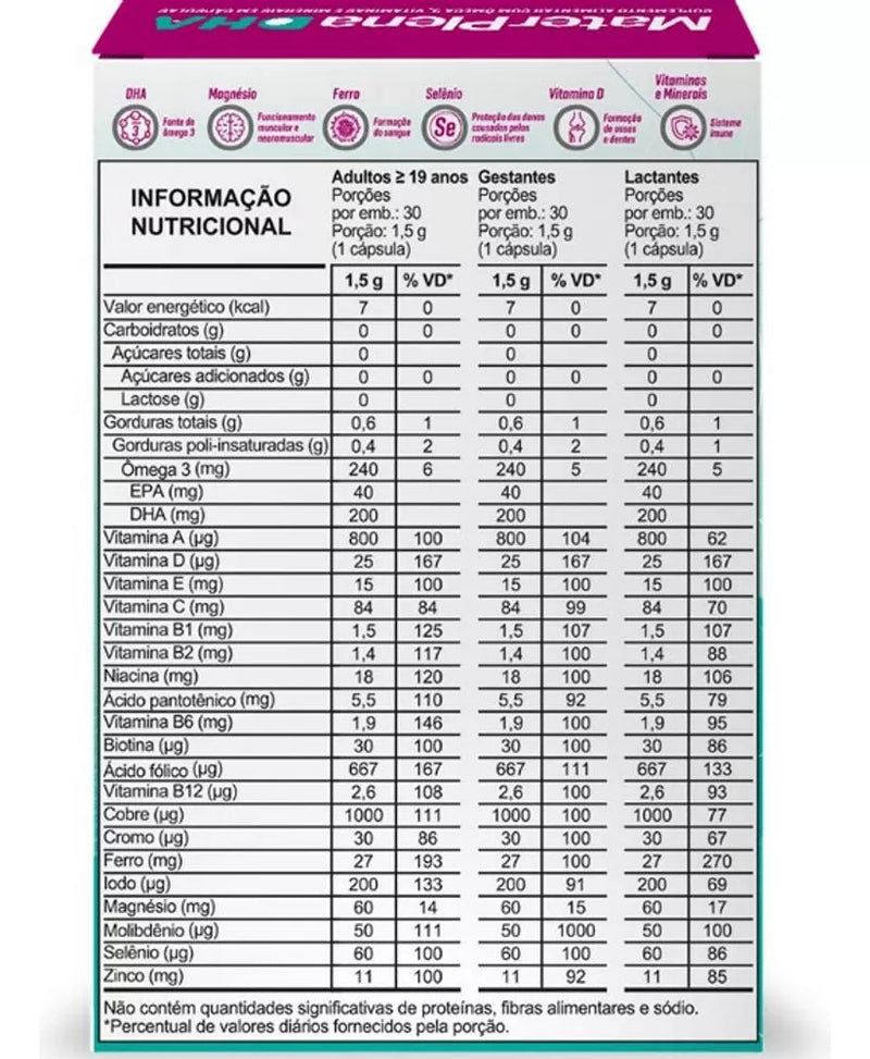 Suplemento Alimentar Materplena Dha Com 30 Cápsulas Sabor Sem Sabor