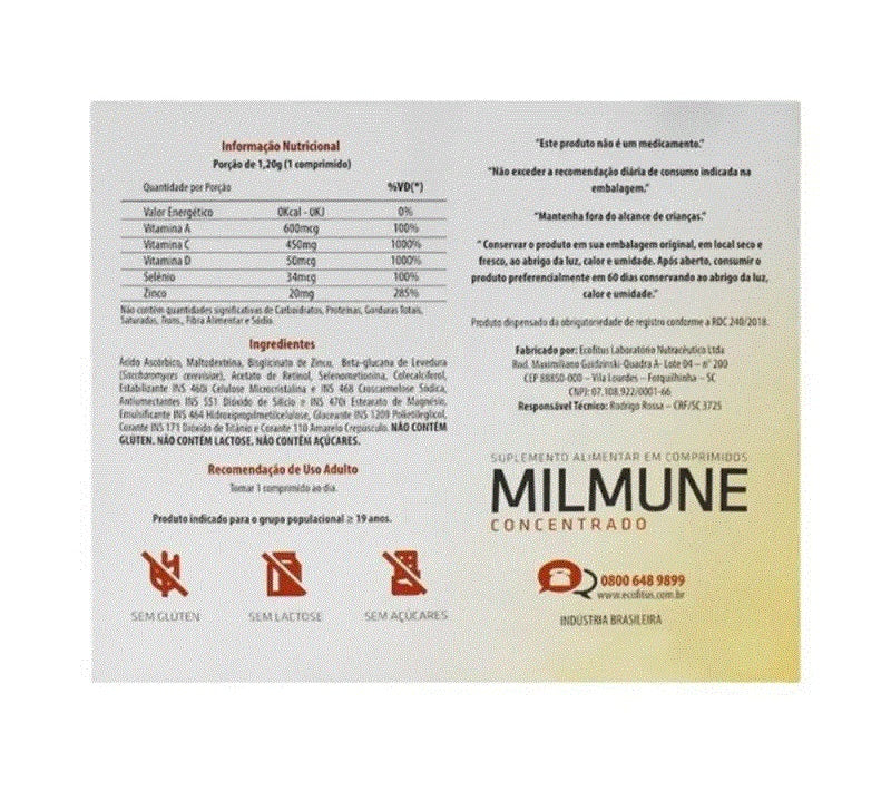 Milmune Suplemento Alimentar Concentrado 60cps - Ecofitus Sabor Sem Sabor