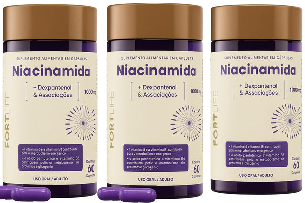 Niacinamida 1000mg 60 Cápsulas Fortlife Sem Sabor kit 3 caixas