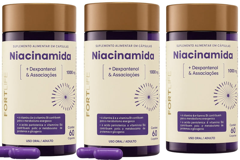 Niacinamida 1000mg 60 Cápsulas Fortlife Sem Sabor kit 3 caixas