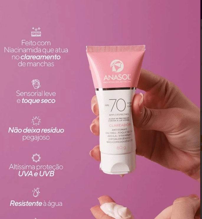 Protetor Solar Clareador Facial Anasol FPS 70 UVA Vegano 60g