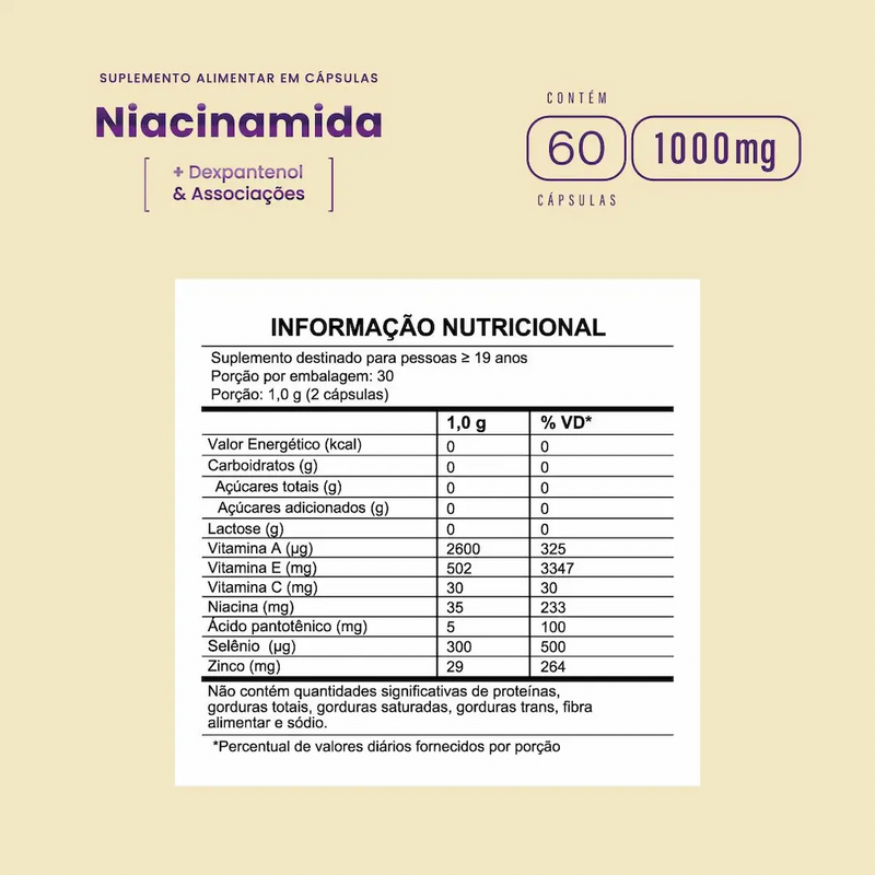 Niacinamida 1000mg 60 Cápsulas Fortlife Sem Sabor